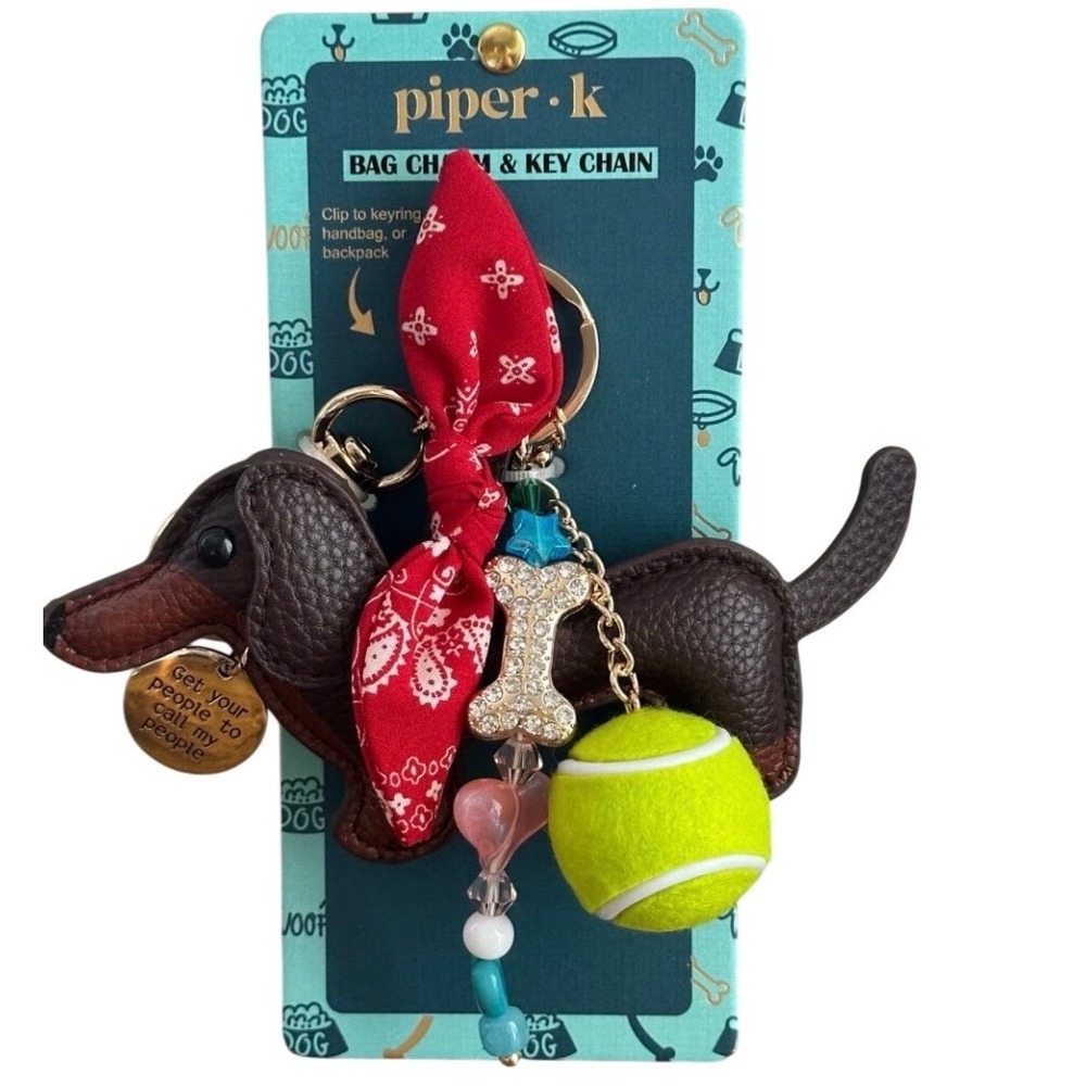 Piper K Daschund Dog Charm Bag Keychain Tennis Ball  Mini Red Scarf New
